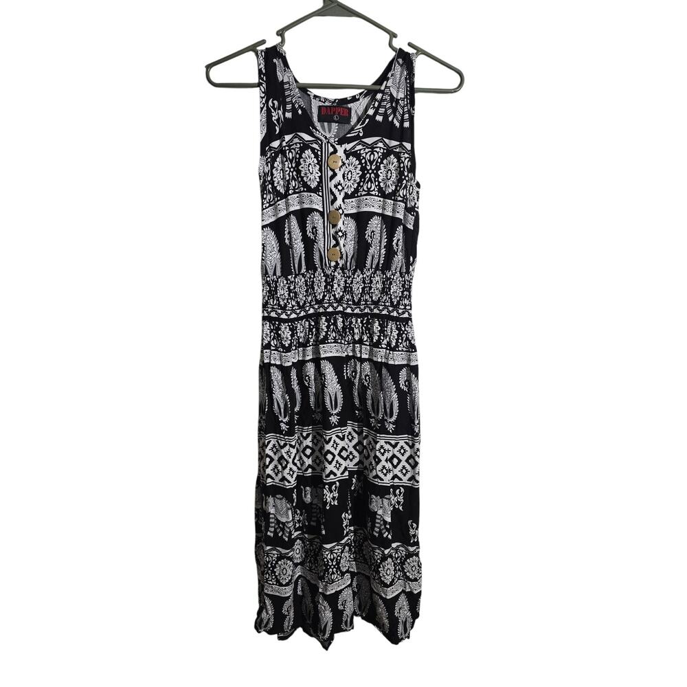 Dapper Black and White Paisley Elephant Sun Dress Size L